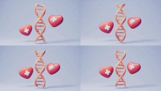 生物DNA与卡通医药医疗爱心3D渲染高清在线视频素材下载