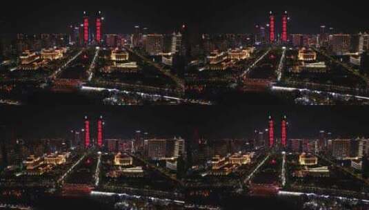 江西南昌红谷滩新区秋水广场夜晚灯光秀航拍高清在线视频素材下载