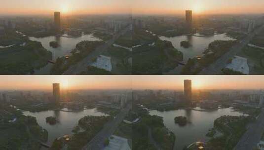 上海嘉定区嘉定新城日落黄昏傍晚城市风光高清在线视频素材下载