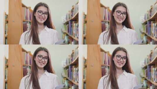大学图书馆里一个漂亮女孩的肖像高清在线视频素材下载