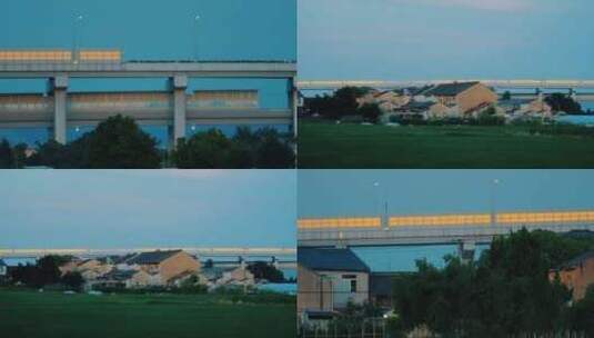 小镇郊区农田边高架桥上的轻轨驶过高清在线视频素材下载