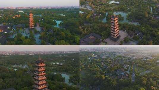 江苏扬州瘦西湖大明寺夕阳风光航拍合集高清在线视频素材下载