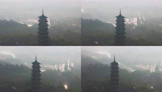 江苏省扬州市瘦西湖大明寺晨曦云雾风光航拍高清在线视频素材下载