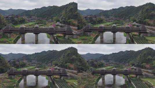 广西柳州三江程阳八寨风雨桥航拍高清在线视频素材下载