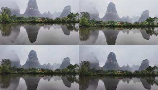 雨天湖景倒映绿树青山的宁静画面高清在线视频素材下载