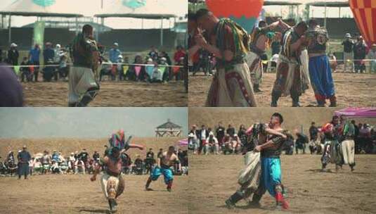 蒙古族男子传统摔跤现场高清在线视频素材下载