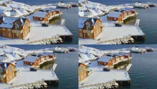 4K冬日风景雪景雪山湖面云彩海面房屋高清在线视频素材下载