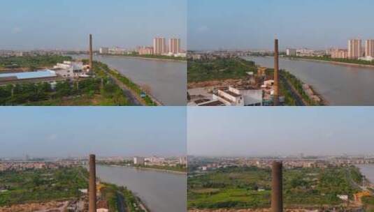 4k广东东江珠江河水视频河边城镇烟囱高清在线视频素材下载