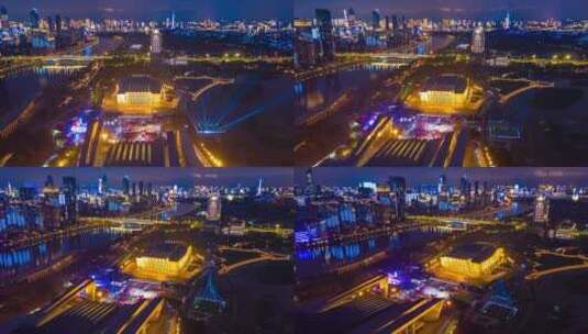航拍武汉琴台汉阳啤酒节夜间横移高清在线视频素材下载