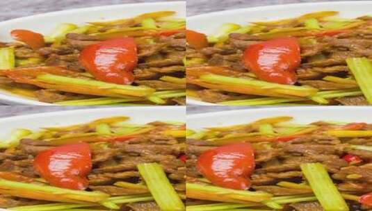 家常菜品芹菜炒牛肉4k实拍平移镜头高清在线视频素材下载