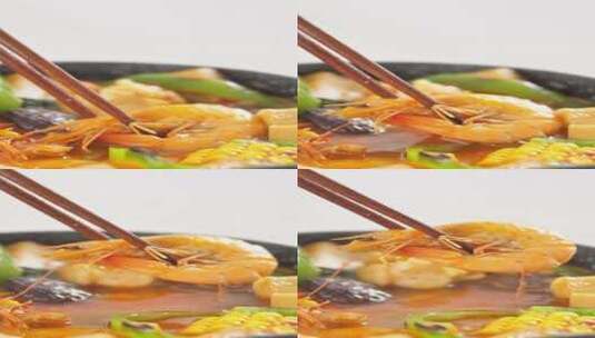 竖屏美食抖音筷子夹虾海鲜展示高清在线视频素材下载