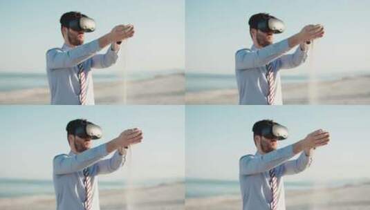 商务人士在海滩上使用虚拟现实耳机练习放松高清在线视频素材下载