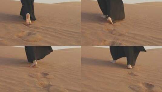 穆斯林妇女赤脚走在沙漠中高清在线视频素材下载