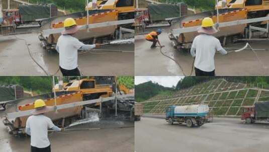 洒水车视频高速公路建设施工路面洒水保湿高清在线视频素材下载
