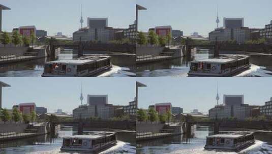 河上的游轮与城市景观高清在线视频素材下载