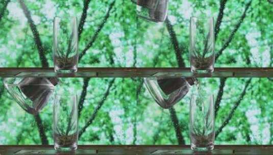 下雨天开水冲泡玻璃杯里的绿茶高清在线视频素材下载