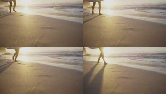 黄昏在海滩上奔跑的女人腿部特写高清在线视频素材下载