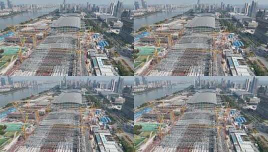 航拍广州琶洲会展建筑和工地高清在线视频素材下载