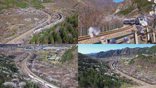 北京昌平山间铁轨列车穿行春色多组镜头高清在线视频素材下载