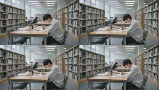 男生在图书馆桌前书写学习高清在线视频素材下载