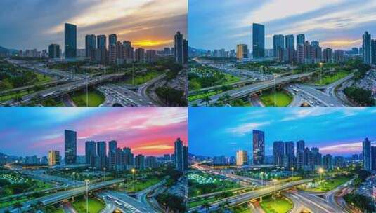珠海城市立交桥与高楼黄昏伴晚霞延时拍摄高清在线视频素材下载
