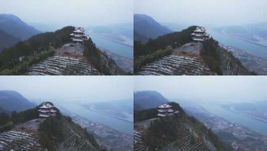 4K远眺三峡大坝雾上长江航拍视频高清在线视频素材下载