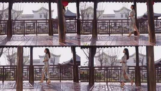 江南园林里的旗袍美女高清在线视频素材下载
