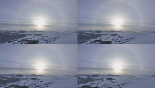 航拍内蒙古冬日雪原日晕高清在线视频素材下载