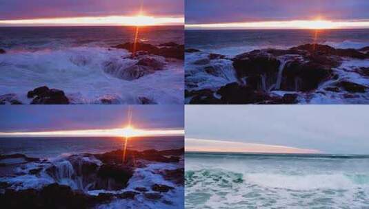 海上夕阳海浪拍打礁石浪花波浪海洋大海高清在线视频素材下载