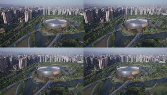 杭州大运河亚运公园 清晨航拍高清在线视频素材下载