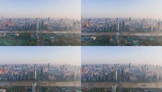 湖北武汉城市清晨迷雾日出彩霞航拍移动延时高清在线视频素材下载