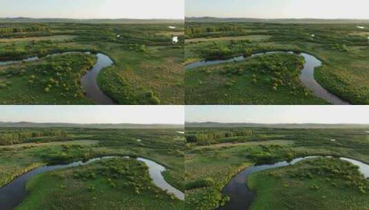 航拍夏季湿地河流风光晨景高清在线视频素材下载