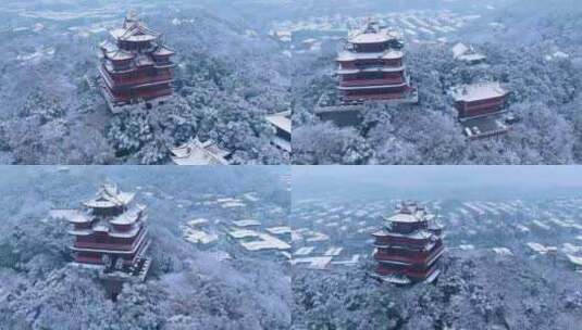 航拍杭州吴山城隍阁冬天雪景视频高清在线视频素材下载