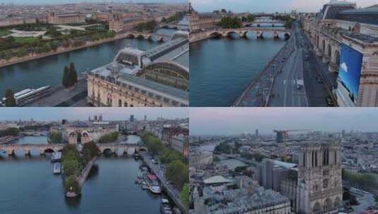 城市航拍巴黎卢浮宫博物馆塞纳河教会哥特式高清在线视频素材下载