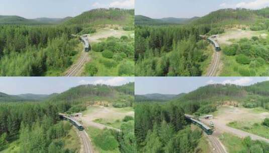 航拍莫尔道嘎国家森林公园小火车高清在线视频素材下载