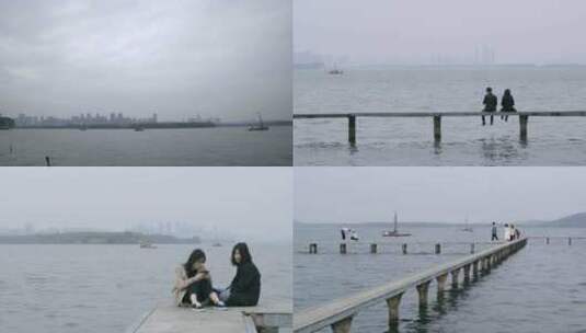 武汉东湖江边码头休闲的人高清在线视频素材下载