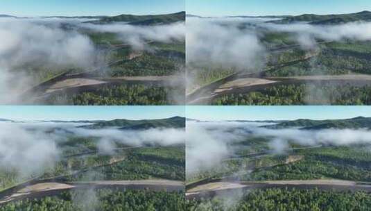 大兴安岭森林河流云雾自然风景高清在线视频素材下载