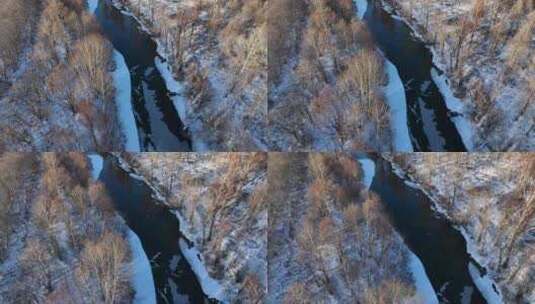 航拍大兴安岭不冻河根河雪景高清在线视频素材下载