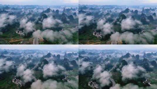 航拍桂林山水日出云海风光高清在线视频素材下载