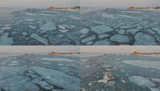航拍冬季北戴河海边海冰高清在线视频素材下载