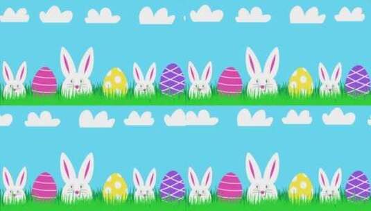复活节快乐动画横幅与三只有趣的白兔和彩色高清在线视频素材下载