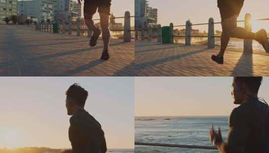 男人，海滩和日落跑步，运动和有氧运动，音高清在线视频素材下载