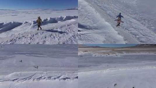 女孩在新疆赛里木湖白雪覆盖的湖面上行走高清在线视频素材下载