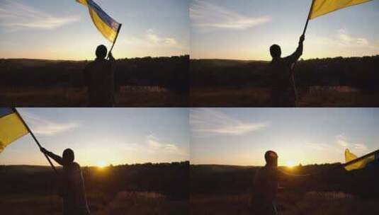 身穿军装的年轻人在日落背景下挥舞乌克兰国高清在线视频素材下载