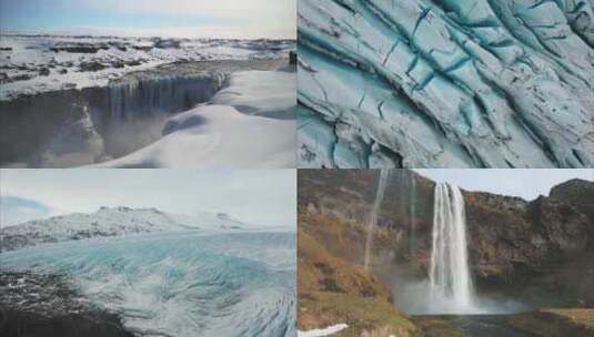 4k航拍冬天的冰岛瀑布冰川风景合集2高清在线视频素材下载