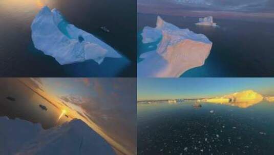 FPV航拍冰山冰川日出阳光照射大海冰川高清在线视频素材下载