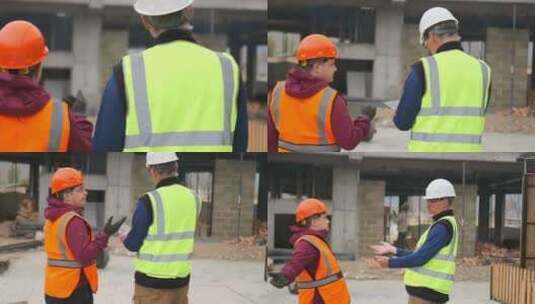 土木工程师和工人戴着橙色头盔和背心发誓，高清在线视频素材下载