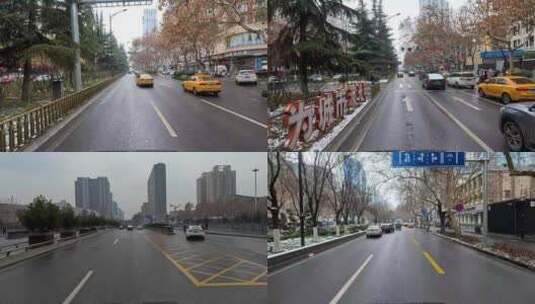 雨雪天在西安城行车第一视角高清在线视频素材下载