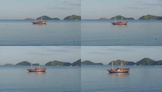 印度尼西亚科莫多岛日出时充满帆船的港口鸟高清在线视频素材下载