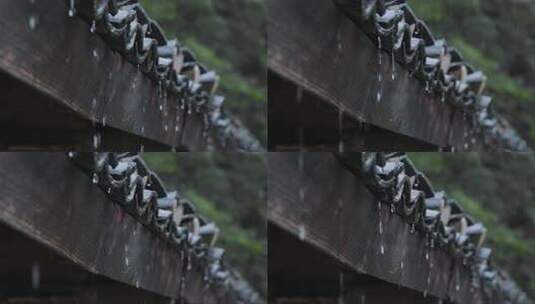 雨水在旧瓦屋的屋檐滴落特写4K高清在线视频素材下载